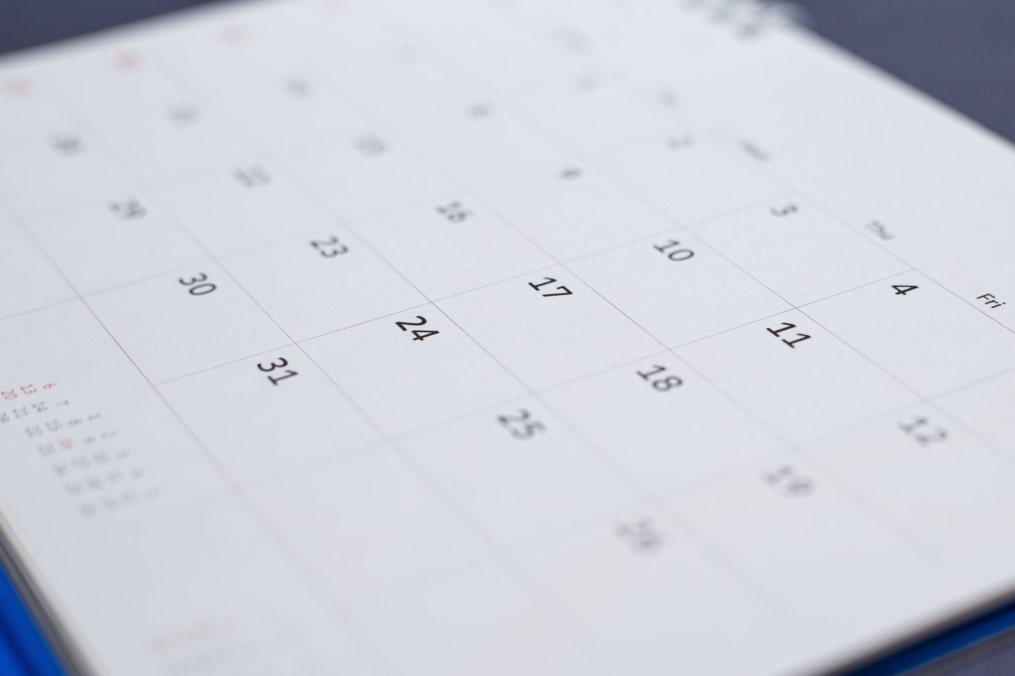The month view of a calendar